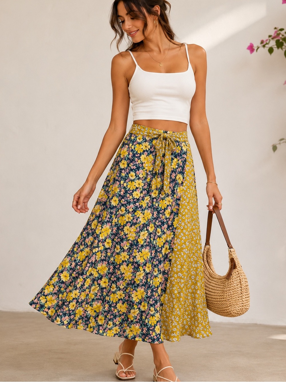 MELLODAY Yellow and Green Floral Wrap Maxi Skirt